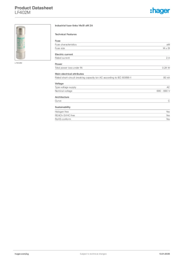 Image Hager Product data sheet LF402M  | Hager