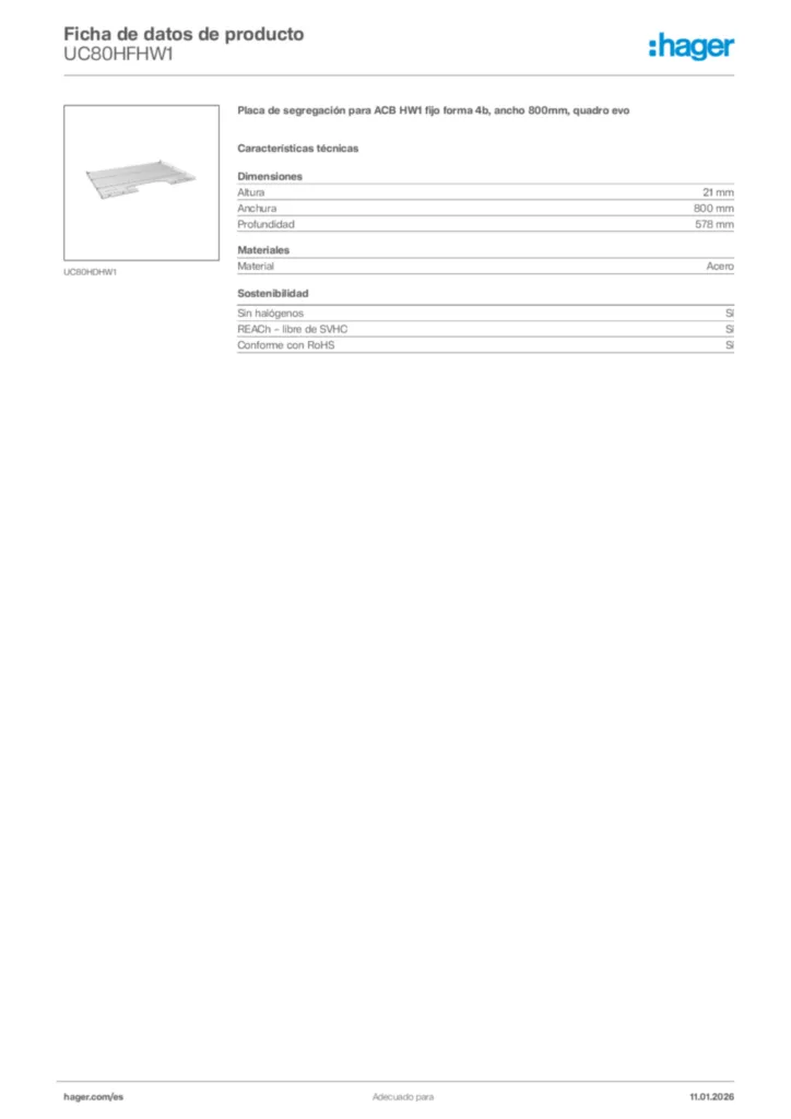 Imagen Hager Ficha de datos de producto UC80HFHW1 | Hager España