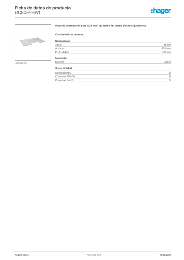Imagen Hager Ficha de datos de producto UC80HFHW1 | Hager España