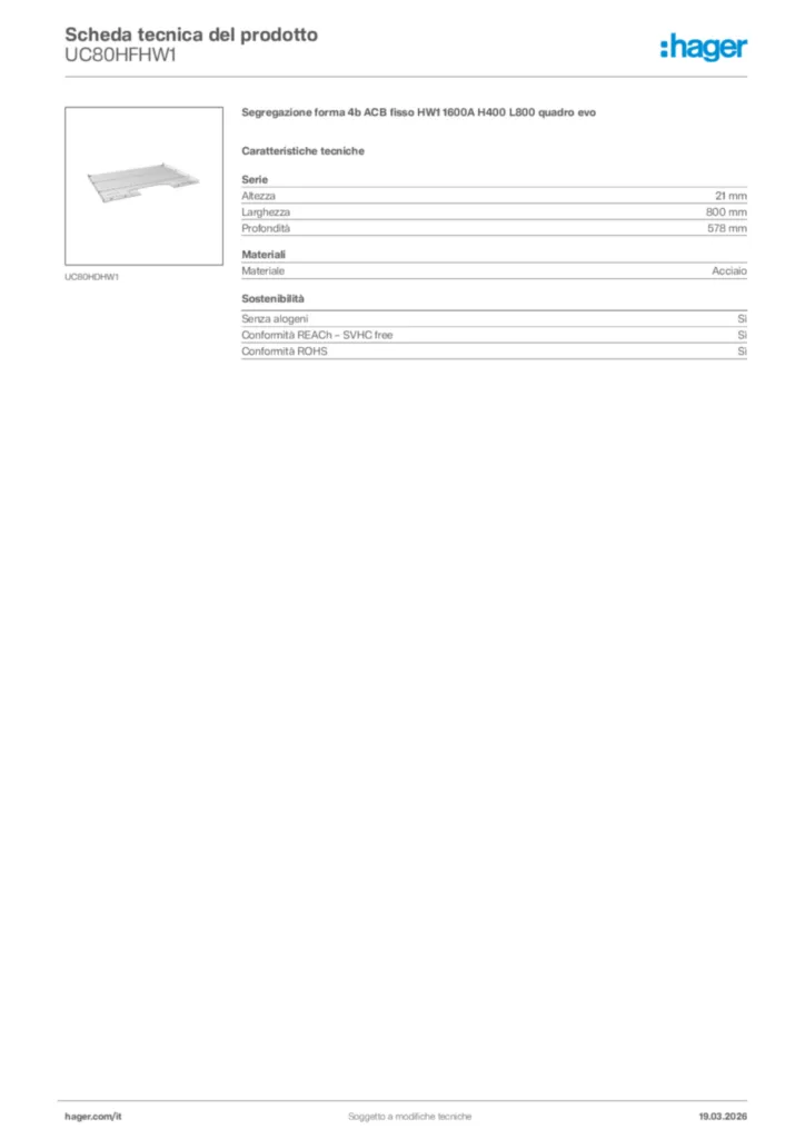 Immagine Hager Scheda tecnica del prodotto UC80HFHW1 | Hager Italia