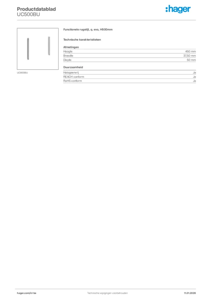 Afbeelding Hager Productdatablad UC500BU | Hager Belgium