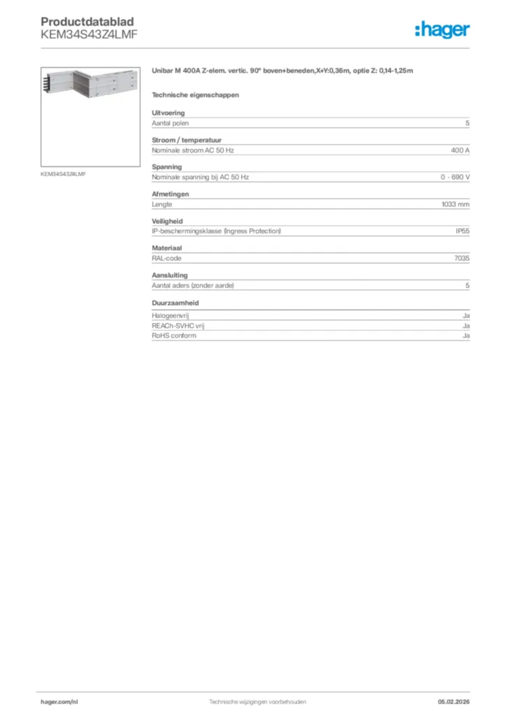 Afbeelding Hager Productdatablad KEM34S43Z4LMF | Hager Nederland