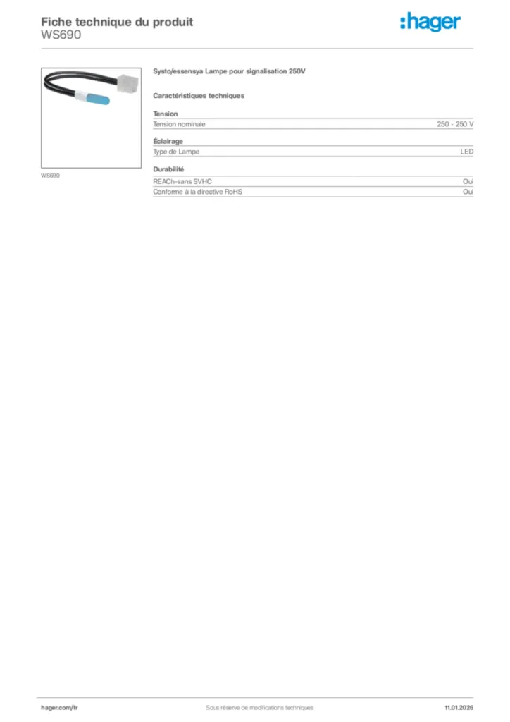Image Hager Fiche technique du produit WS690 | Hager France