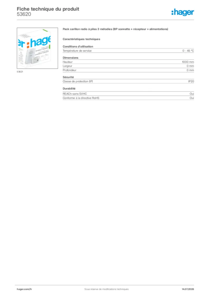 Image Hager Fiche technique du produit 53620 | Hager France