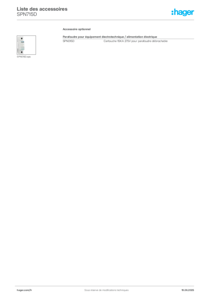 Image Hager Fiche technique du produit SPN715D | Hager France