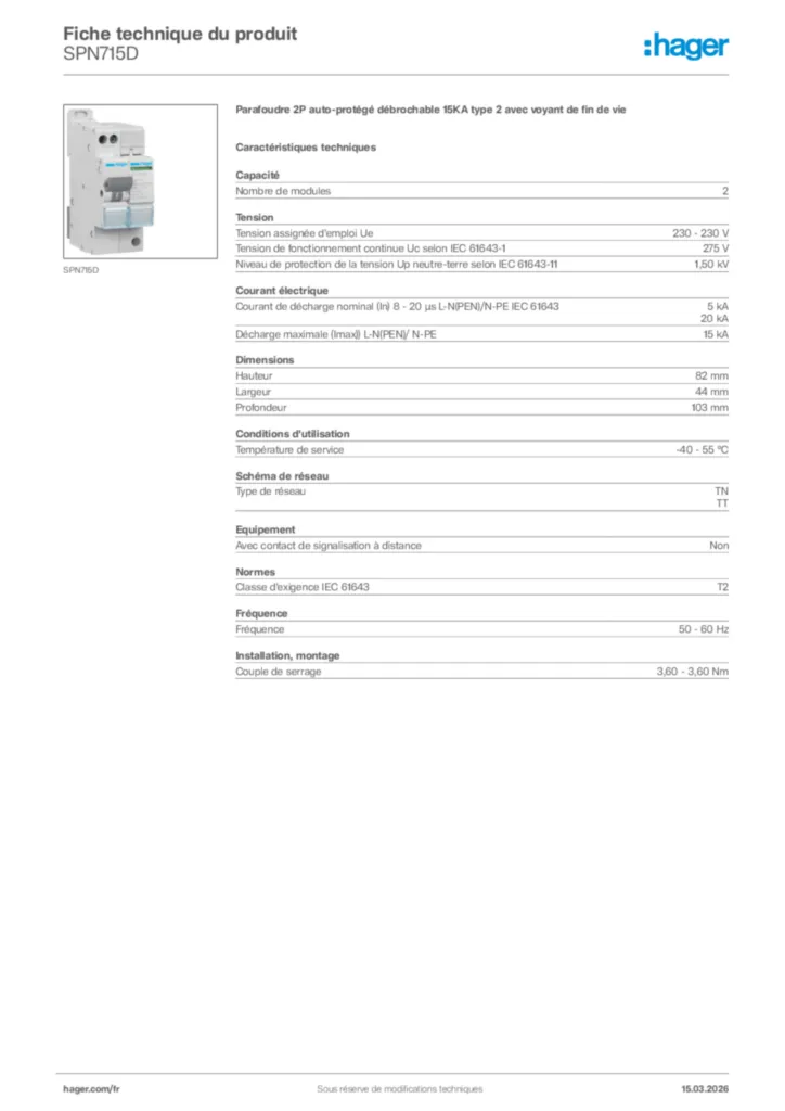 Image Hager Fiche technique du produit SPN715D | Hager France