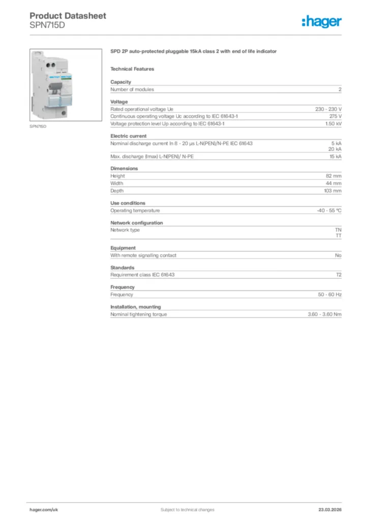 Image Hager Product data sheet SPN715D  | Hager