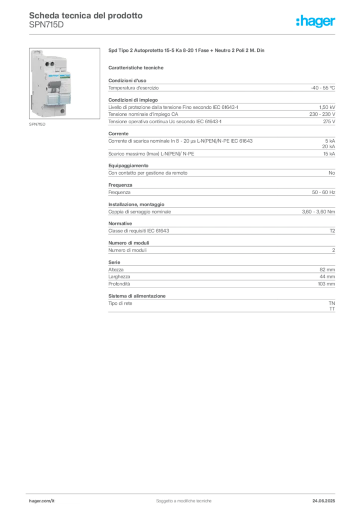 Immagine Hager Scheda tecnica del prodotto SPN715D | Hager Italia