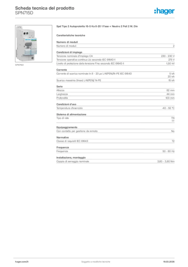 Immagine Hager Scheda tecnica del prodotto SPN715D | Hager Italia