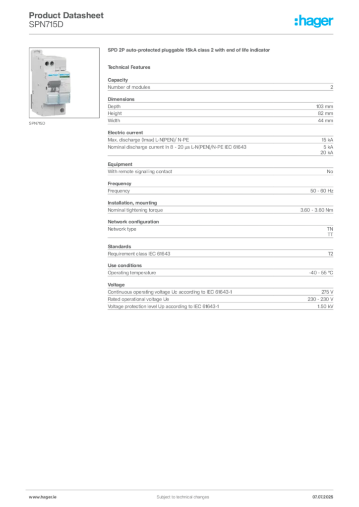 Image Hager Product data sheet SPN715D  | Hager