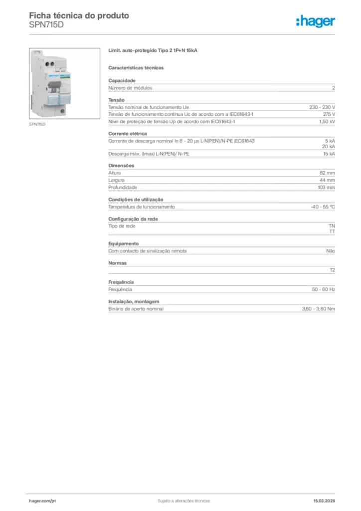 Imagem Hager Ficha técnica do produto SPN715D | Hager Portugal