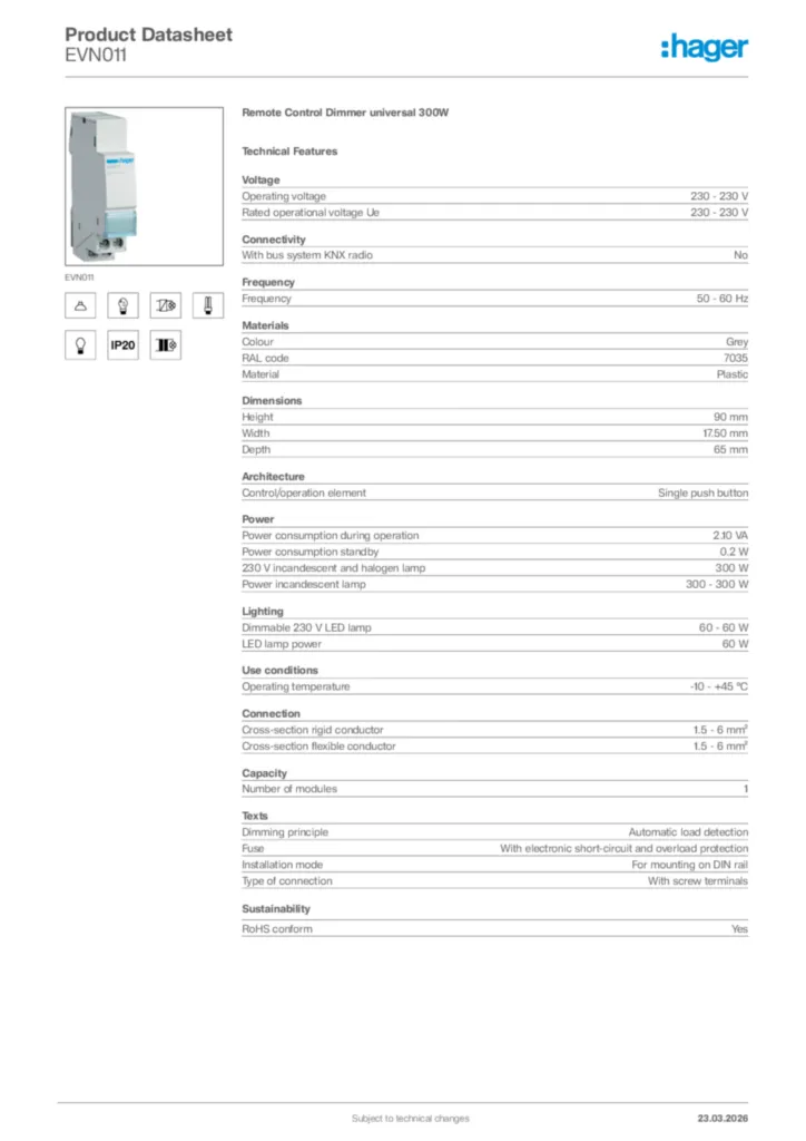 Image Hager Product data sheet EVN011  | Hager Africa