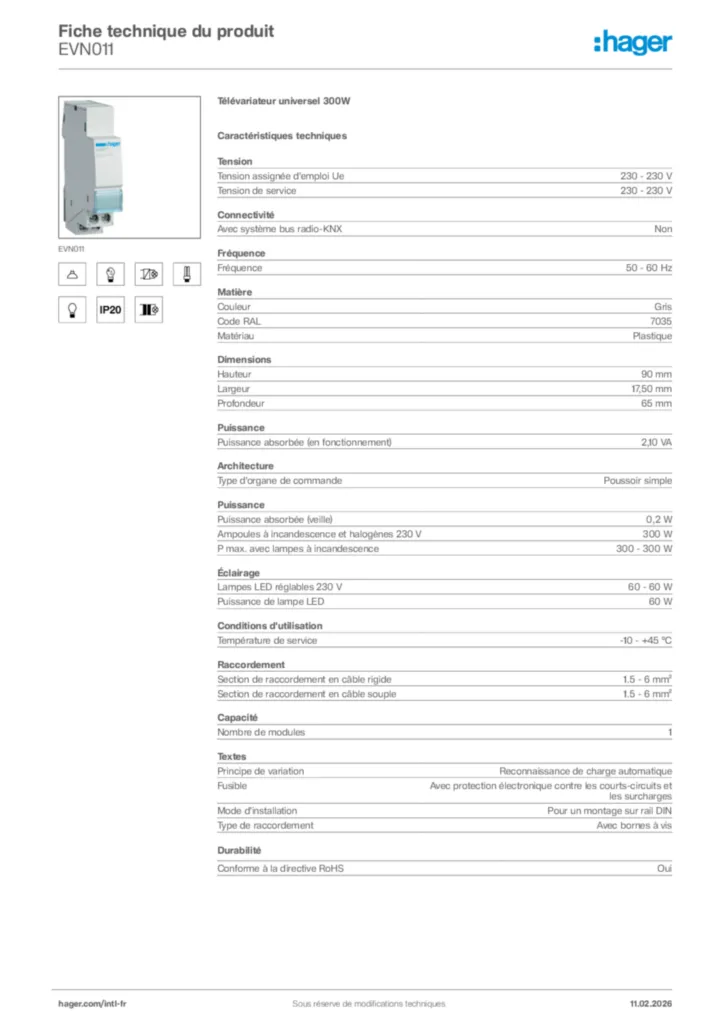 Image Hager Fiche technique du produit EVN011 | Hager Afrique