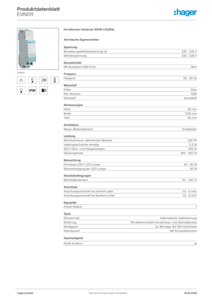Bild Hager Produktdatenblatt EVN011 | Hager Deutschland