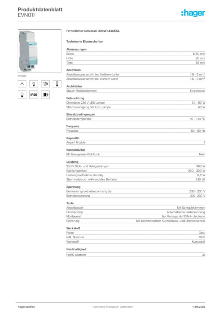 Hager Produktdatenblatt EVN011