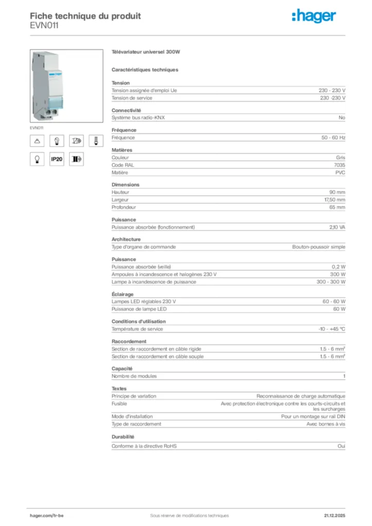 Image Hager Fiche technique du produit EVN011 | Hager Belgique