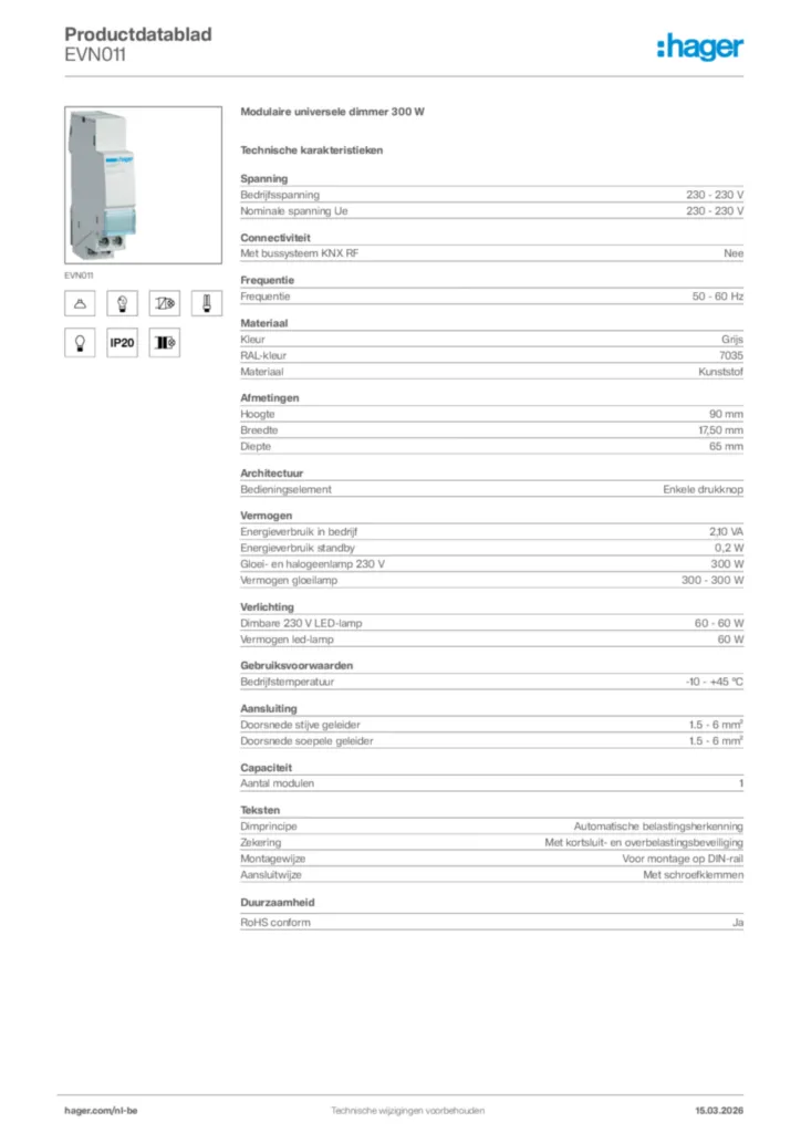Afbeelding Hager Productdatablad EVN011 | Hager Belgium
