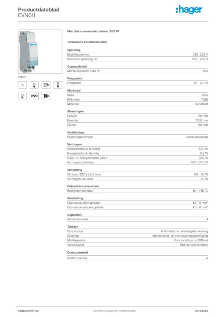 Afbeelding Hager Productdatablad EVN011 | Hager Belgium