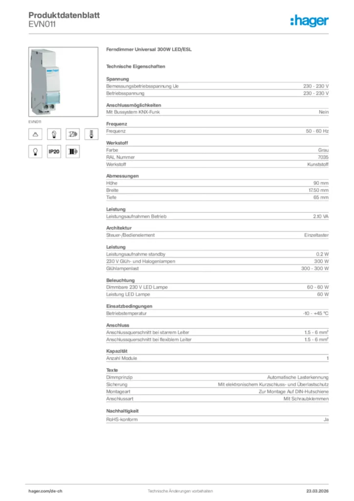 Bild Hager Produktdatenblatt EVN011 | Hager Schweiz
