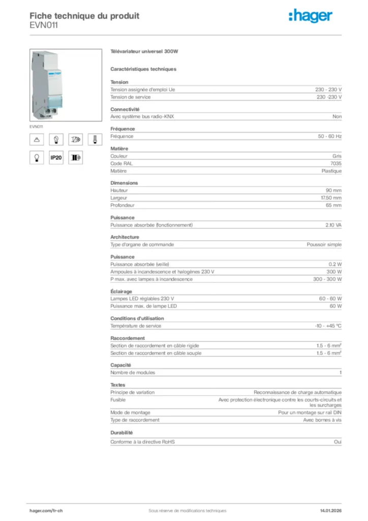 Image Hager Fiche technique du produit EVN011 | Hager Suisse