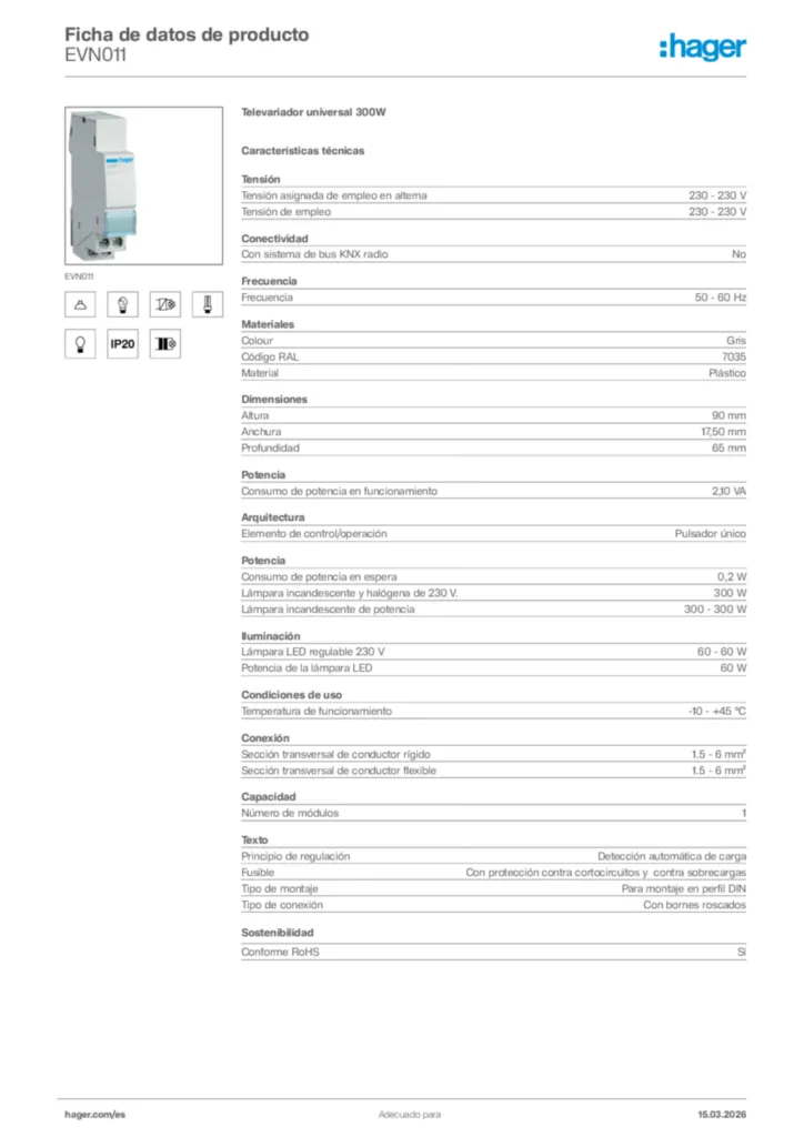 Imagen Hager Ficha de datos de producto EVN011 | Hager España
