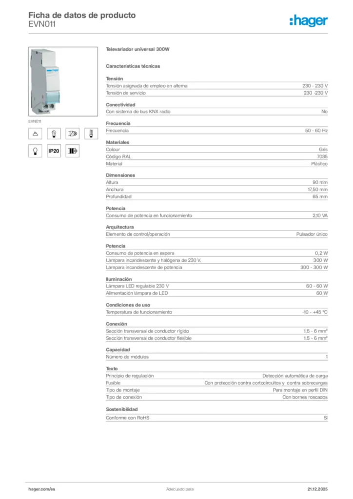 Imagen Hager Ficha de datos de producto EVN011 | Hager España