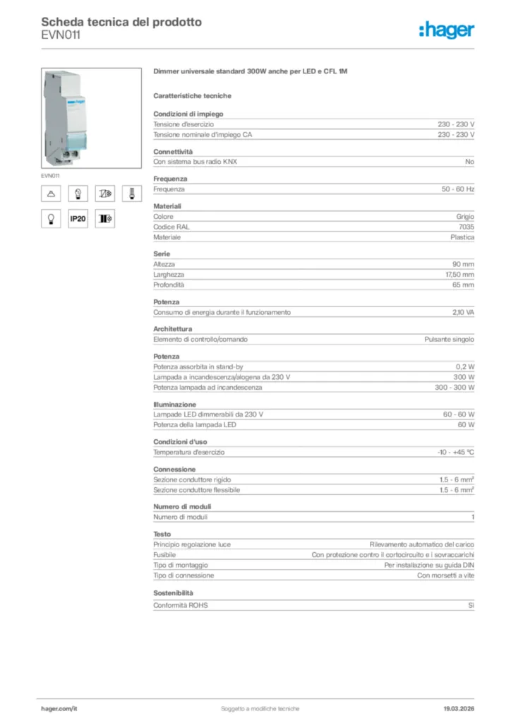 Immagine Hager Scheda tecnica del prodotto EVN011 | Hager Italia