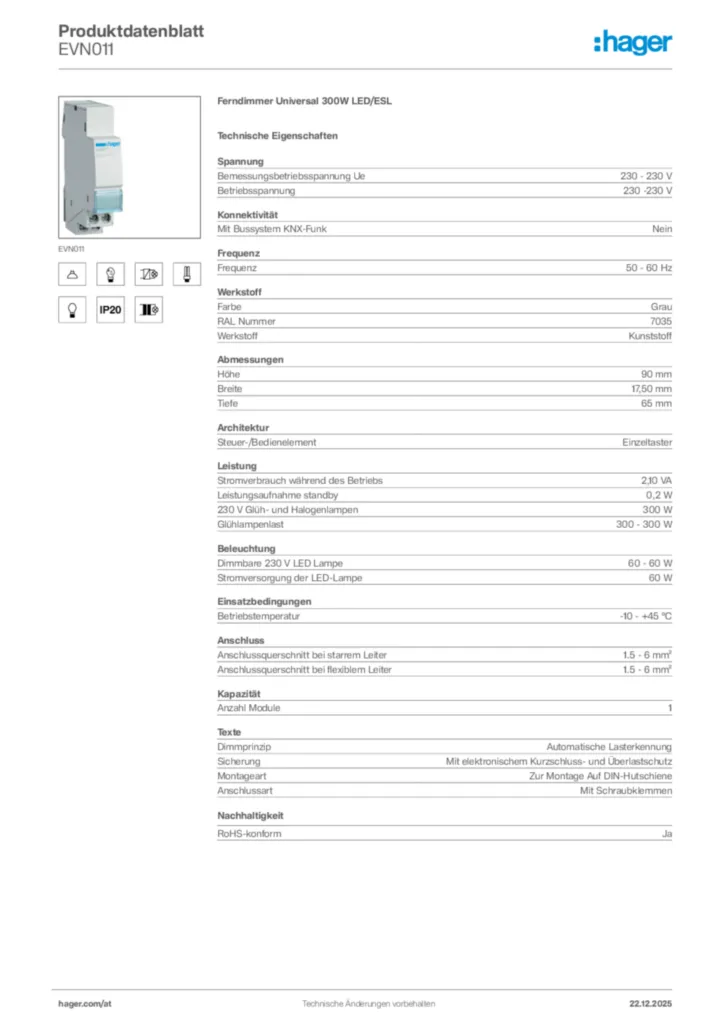 Bild Hager Produktdatenblatt EVN011 | Hager Deutschland