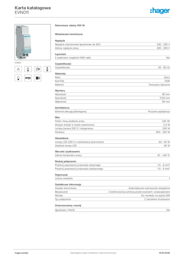 Zdjęcie Hager Karta katalogowa EVN011 | Hager Polska