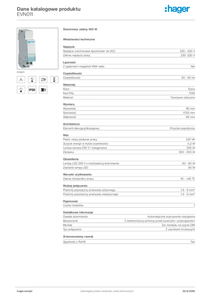 Zdjęcie Hager Dane katalogowe produktu EVN011 | Hager Polska