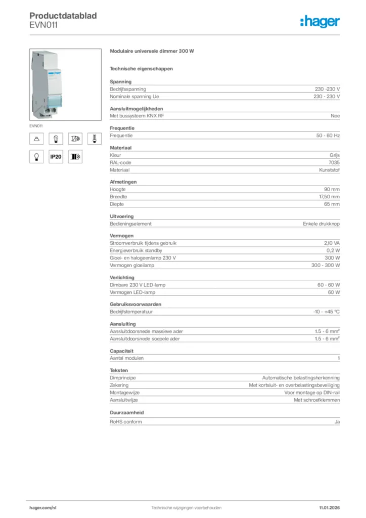 Afbeelding Hager Productdatablad EVN011 | Hager Nederland