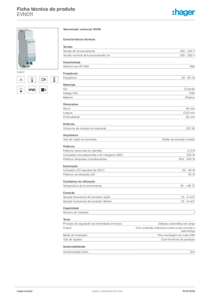 Imagem Hager Ficha técnica do produto EVN011 | Hager Portugal