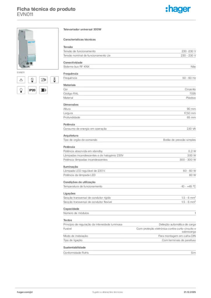 Imagem Hager Ficha técnica do produto EVN011 | Hager Portugal