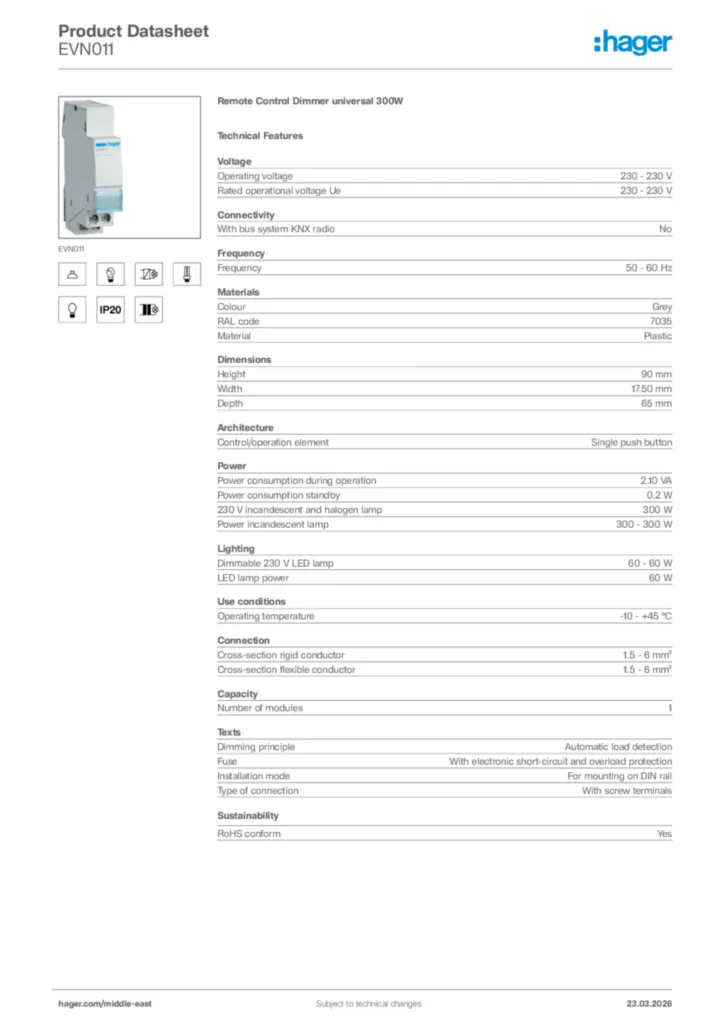Image Hager Product data sheet EVN011  | Hager
