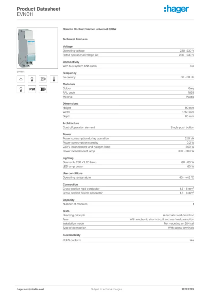 Image Hager Product data sheet EVN011  | Hager