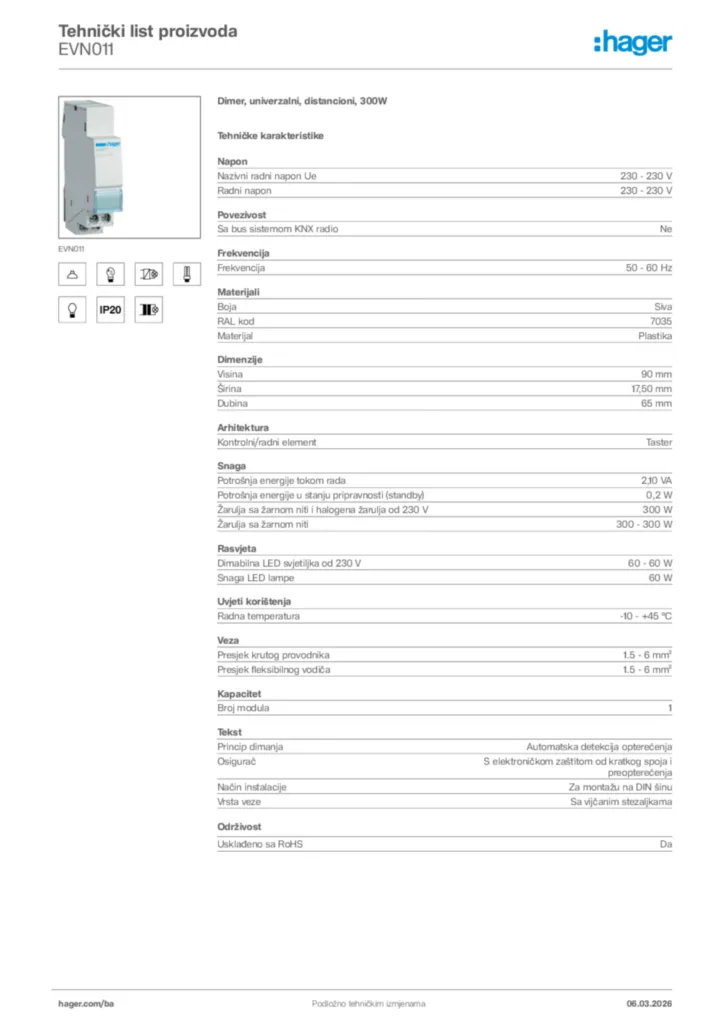 Slika Hager Tehnički list proizvoda EVN011  | Hager
