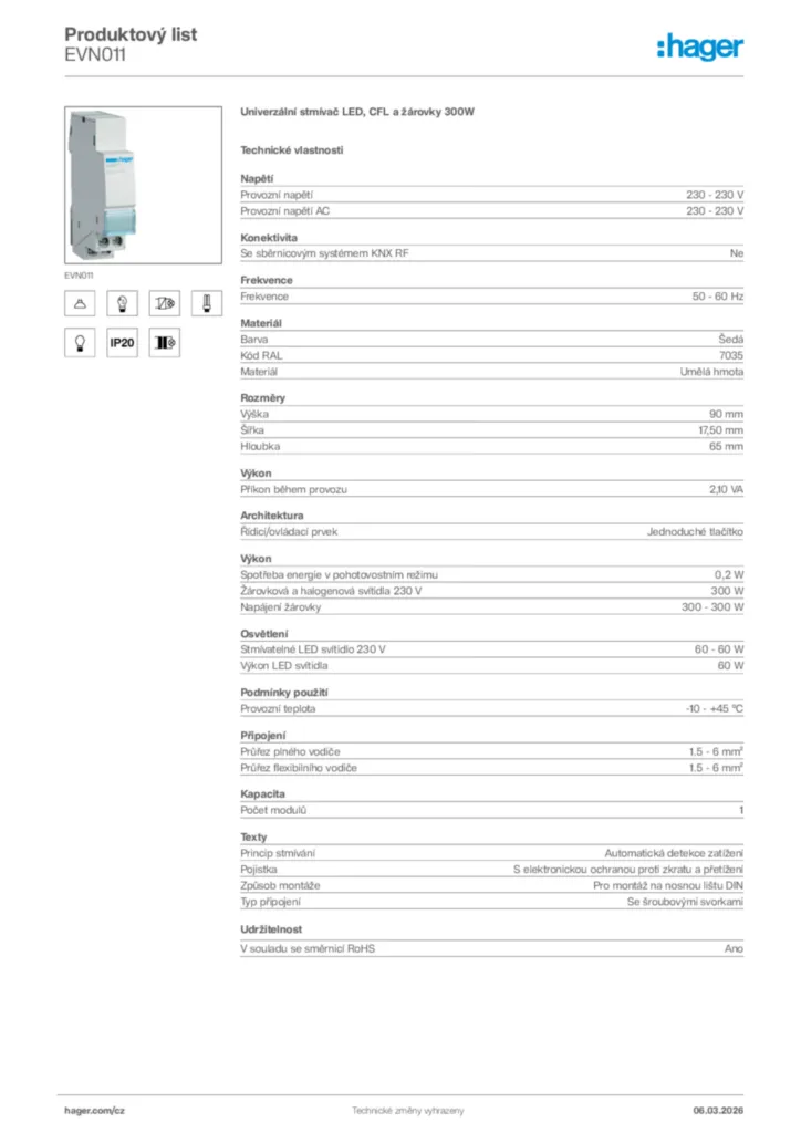 Obrázek Hager Product data sheet EVN011 | Hager