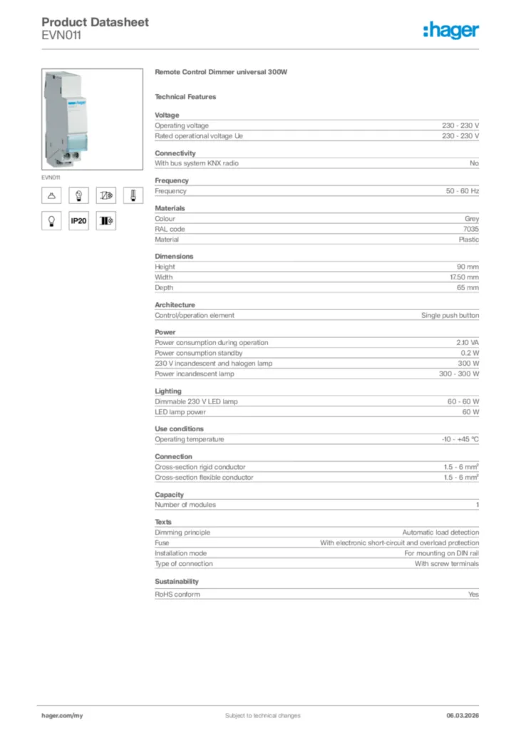 Image Hager Product data sheet EVN011  | Hager