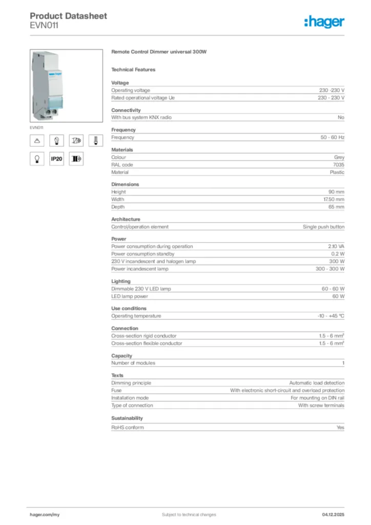 Image Hager Product data sheet EVN011  | Hager