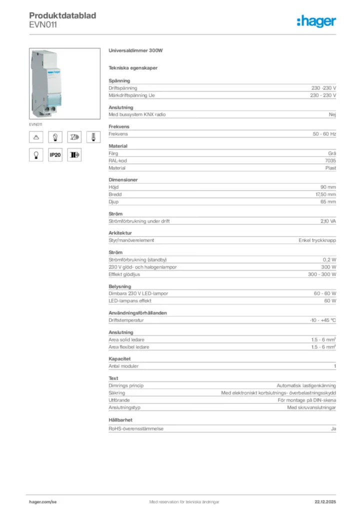 Bild Hager Produktdatablad EVN011 | Hager Sverige