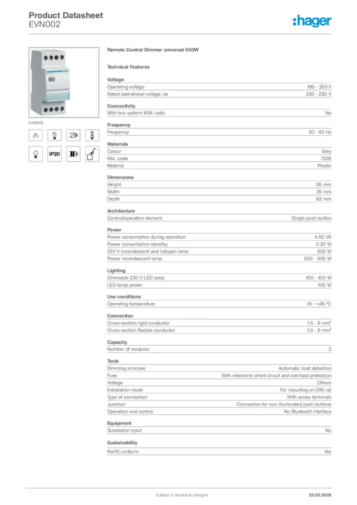 Image Hager Product data sheet EVN002  | Hager Africa