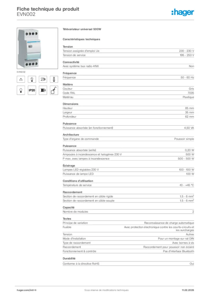 Image Hager Fiche technique du produit EVN002 | Hager Afrique