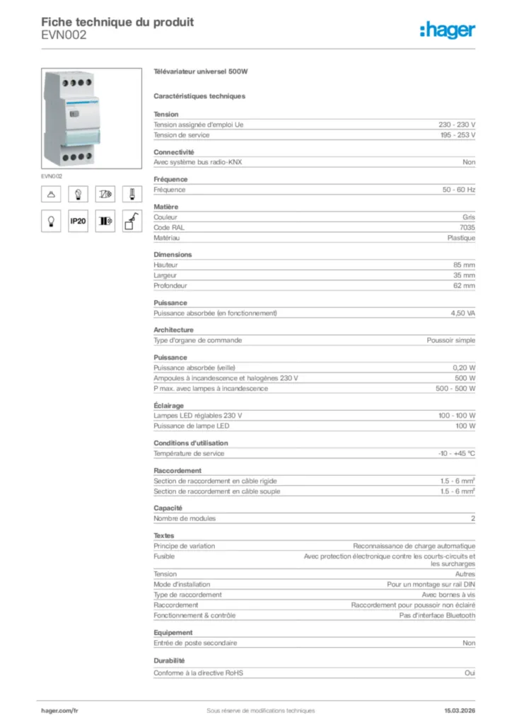 Image Hager Fiche technique du produit EVN002 | Hager France