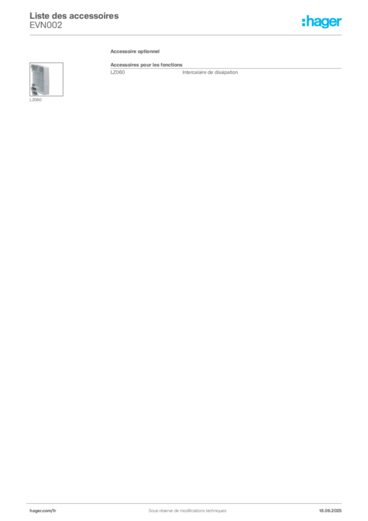 Image Hager Fiche technique du produit EVN002 | Hager France