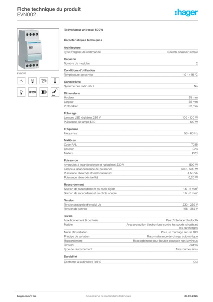 Image Hager Fiche technique du produit EVN002 | Hager Belgique