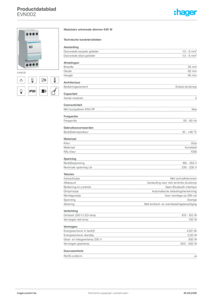 Afbeelding Hager Productdatablad EVN002 | Hager Belgium