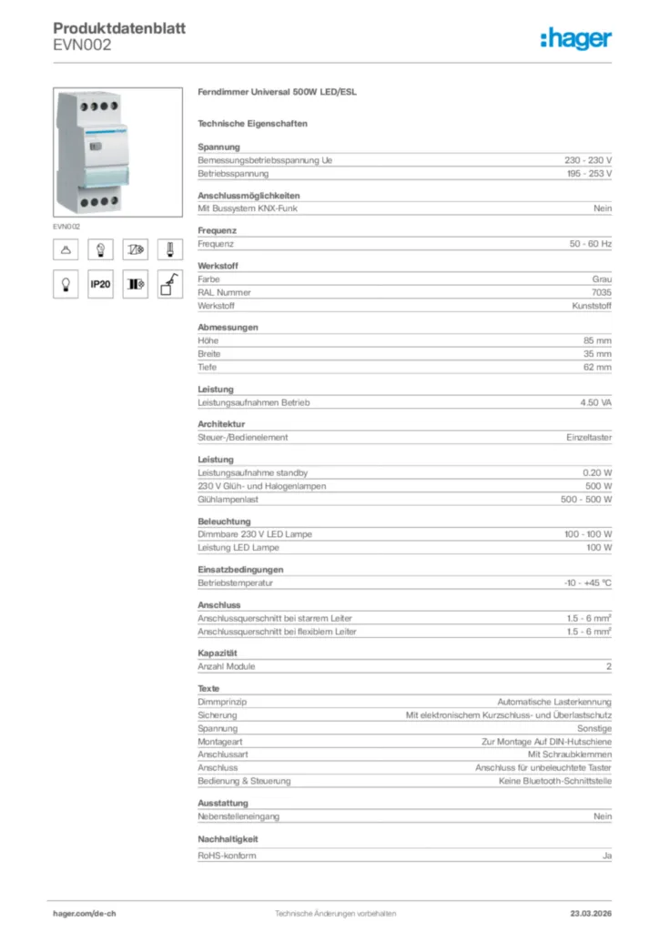 Bild Hager Produktdatenblatt EVN002 | Hager Schweiz