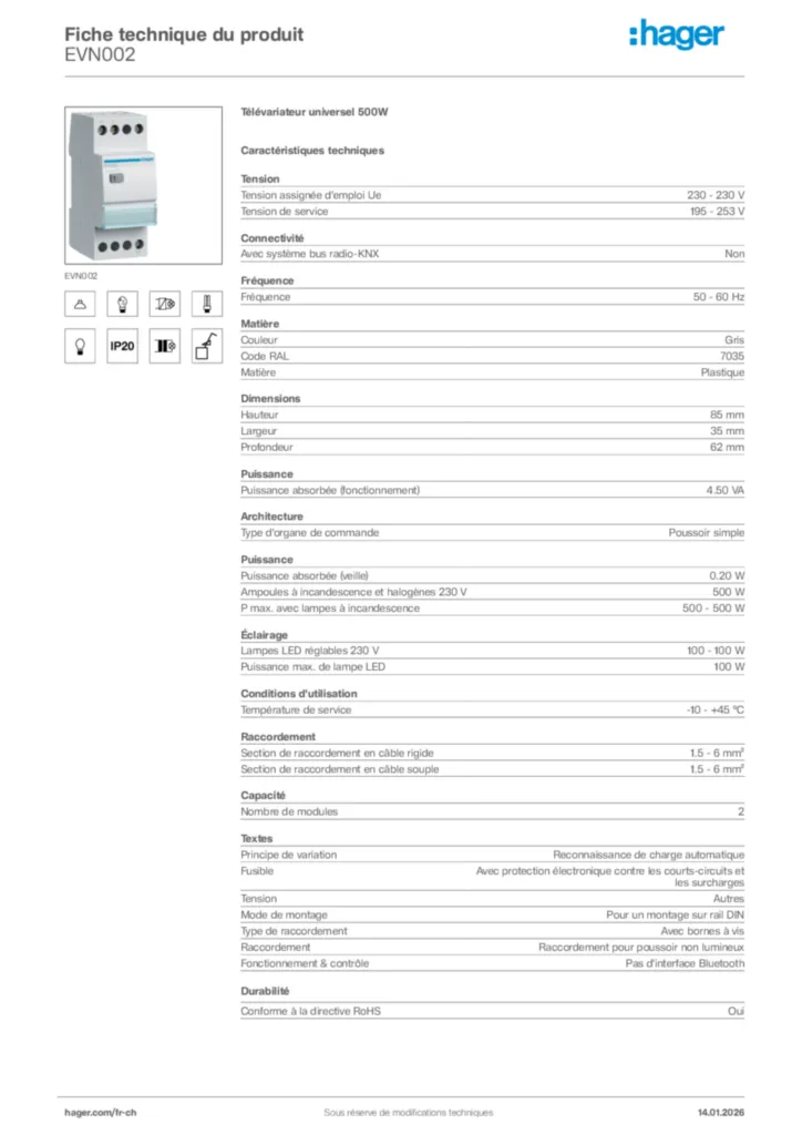 Image Hager Fiche technique du produit EVN002 | Hager Suisse