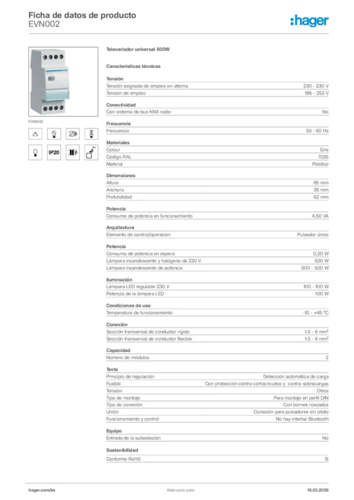 Imagen Hager Ficha de datos de producto EVN002 | Hager España