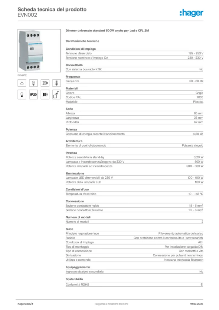 Immagine Hager Scheda tecnica del prodotto EVN002 | Hager Italia